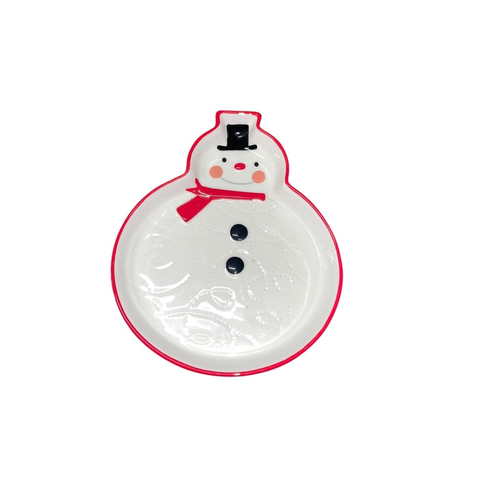 Vintage‎ Hallmark Christmas Snowman Candy Cookie White Plate Red Trim Ceramic 8"